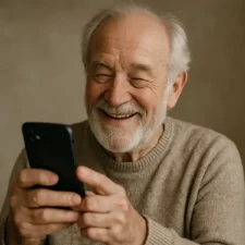 Ältere Patientin nutzt Praxis-Website mit großer Schrift und einfacher Navigation