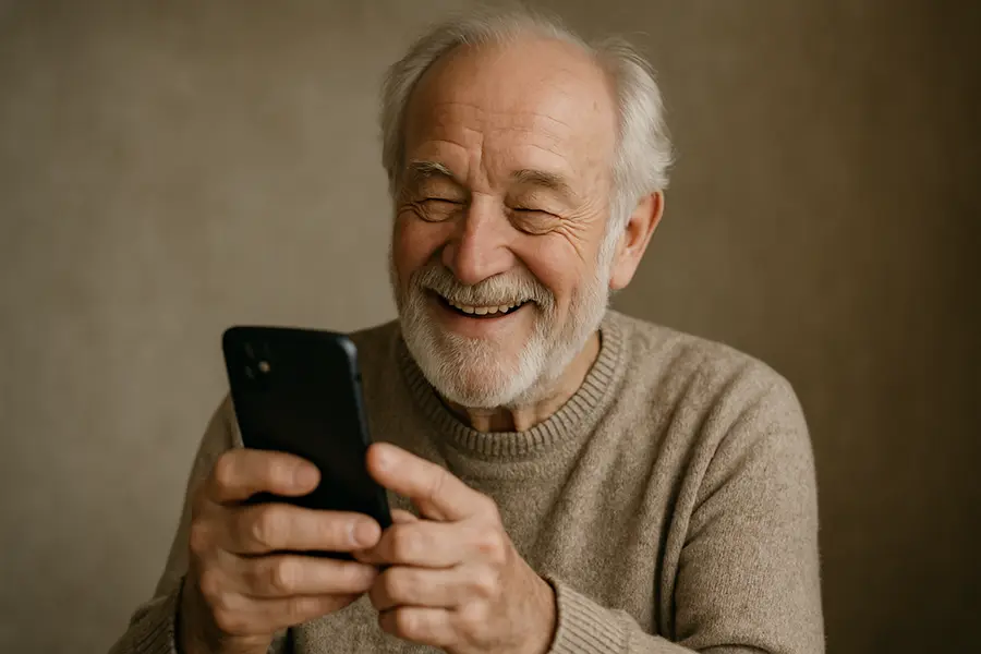 Ältere Patientin nutzt Praxis-Website mit großer Schrift und einfacher Navigation