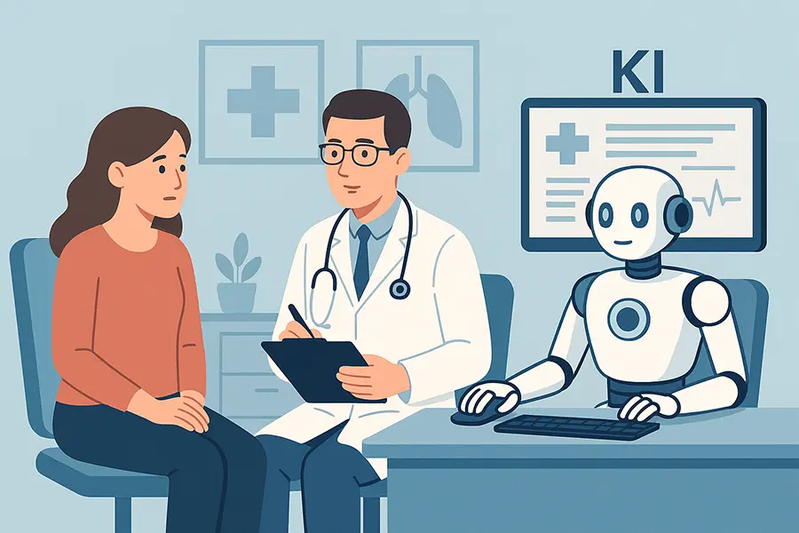 Ärztin arbeitet mit KI-gestützter Software in moderner Praxis Ärztin arbeitet mit KI-gestützter Software in moderner Praxis