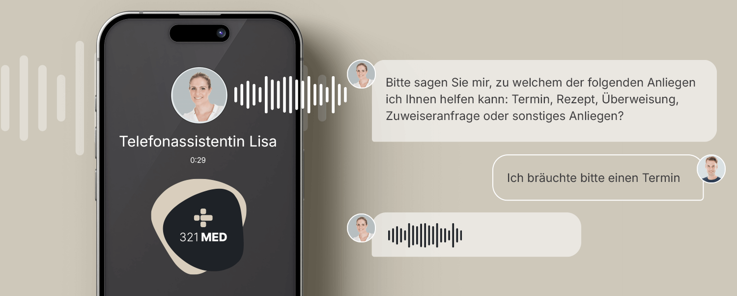 Arztpraxis-Telefon mit KI-Assistent-Symbol – Praxisorganisation entlastet