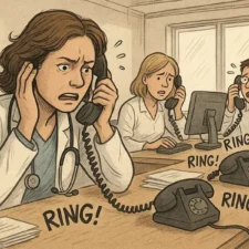 Überlastete MFA telefoniert in lauter Arztpraxis – Symbol für Telefonstress