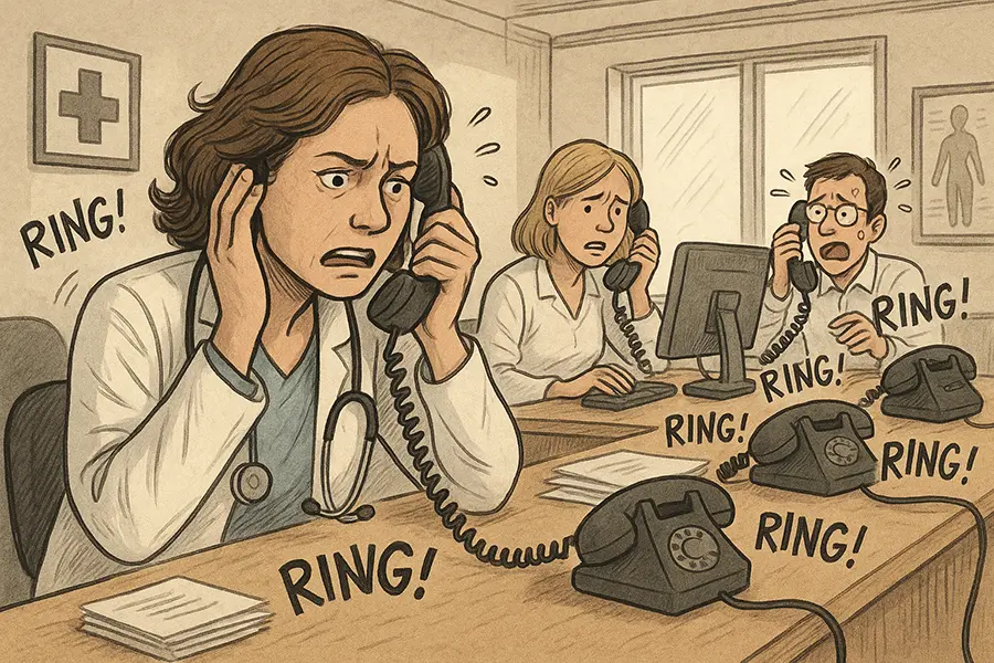 Überlastete MFA telefoniert in lauter Arztpraxis – Symbol für Telefonstress Überlastete MFA telefoniert in lauter Arztpraxis – Symbol für Telefonstress